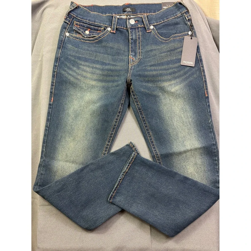 True‎ Religion Men Sz 34x32 Geno SN Flap Relaxed Slim Jeans Blue Denim Orange